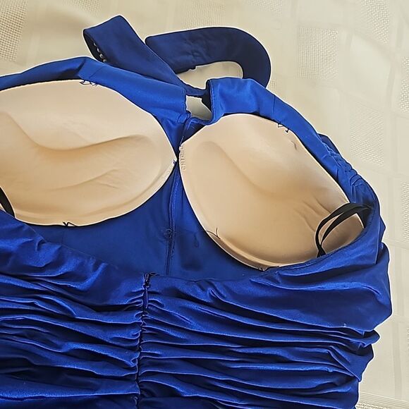 Jovani Rushed Halter Neckline With Faux Pearl Maxi Dress With Side Slit 12 Blue - Picture 7 of 16